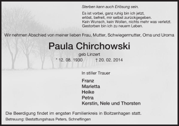 Traueranzeige von Paula Chirchowski von Uelzen