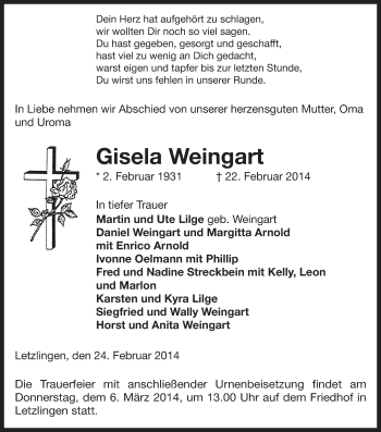 Traueranzeige von Gisela Weingart von Uelzen