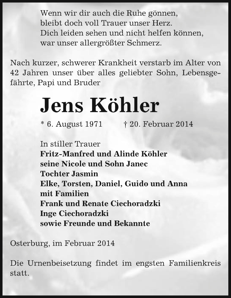  Traueranzeige für Jens Köhler vom 25.02.2014 aus Uelzen