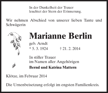 Traueranzeige von Marianne Berlin von Uelzen
