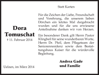 Traueranzeige von Dora Tomuschat von Uelzen