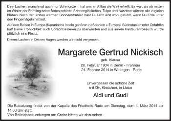 Traueranzeige von Margarete Gertrud Nickisch von Uelzen