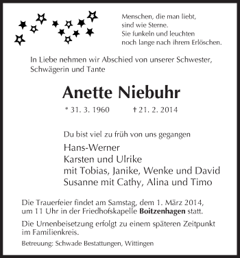 Traueranzeige von Anette Niebuhr von Uelzen