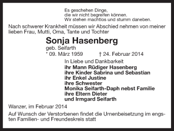 Traueranzeige von Sonja Hasenberg von Uelzen