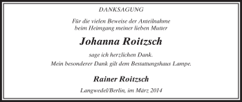 Traueranzeige von Johanna Roitzsch von Uelzen