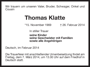 Traueranzeige von Thomas Klatte von Uelzen