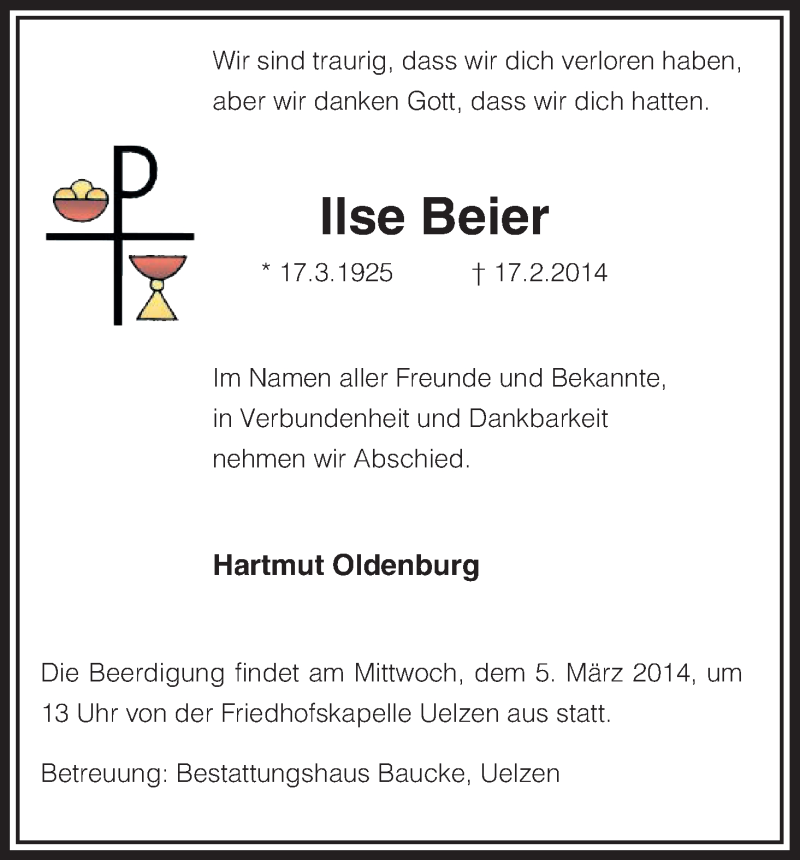  Traueranzeige für Ilse Beier vom 01.03.2014 aus Uelzen