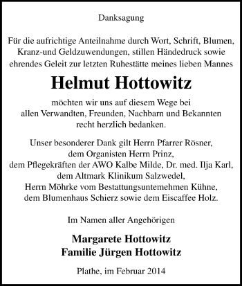 Traueranzeige von Helmut Hottowitz von Uelzen