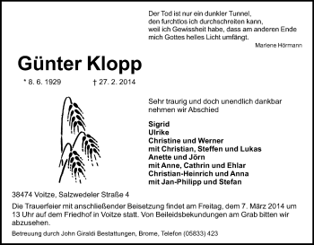 Traueranzeige von Günter Klopp von Uelzen