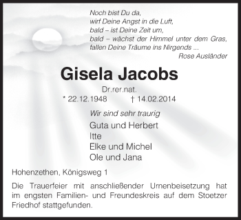 Traueranzeige von Gisela Jacobs von Uelzen