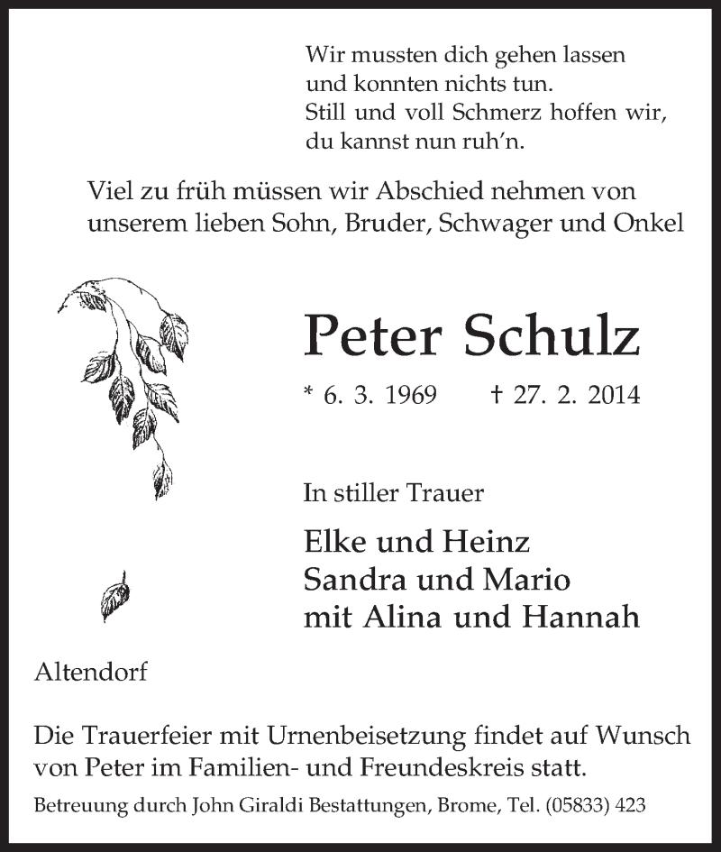  Traueranzeige für Peter Schulz vom 04.03.2014 aus Uelzen