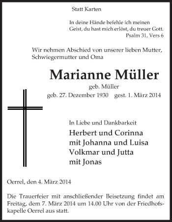 Traueranzeige von Marianne Müller von Uelzen