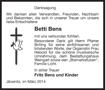 Traueranzeige von Betti Bens von Uelzen