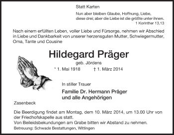 Traueranzeige von Hildegard Präger von Uelzen