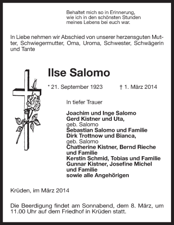 Traueranzeige von Ilse Salomo von Uelzen