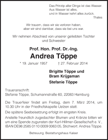 Traueranzeige von Andrea Töppe von Uelzen