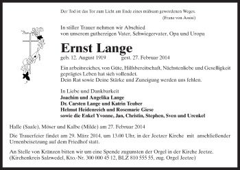 Traueranzeige von Ernst Lange von Uelzen