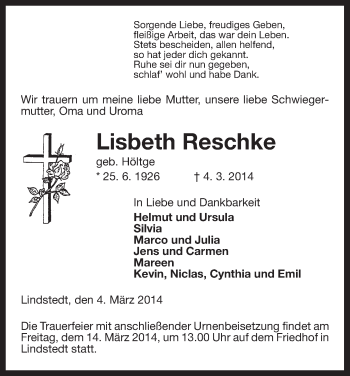 Traueranzeige von Lisbeth Reschke von Uelzen