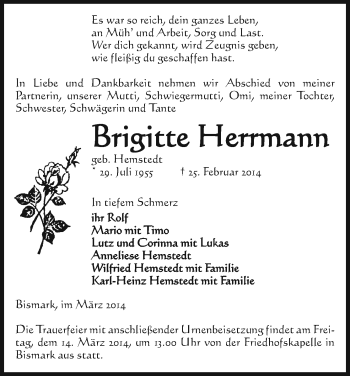 Traueranzeige von Brigitte Herrmann von Uelzen