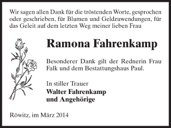 Traueranzeige von Ramona Fahrenkamp von Uelzen