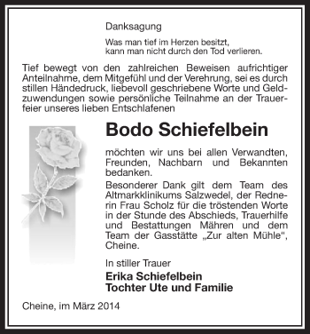 Traueranzeige von Bodo Schiefelbein von Uelzen