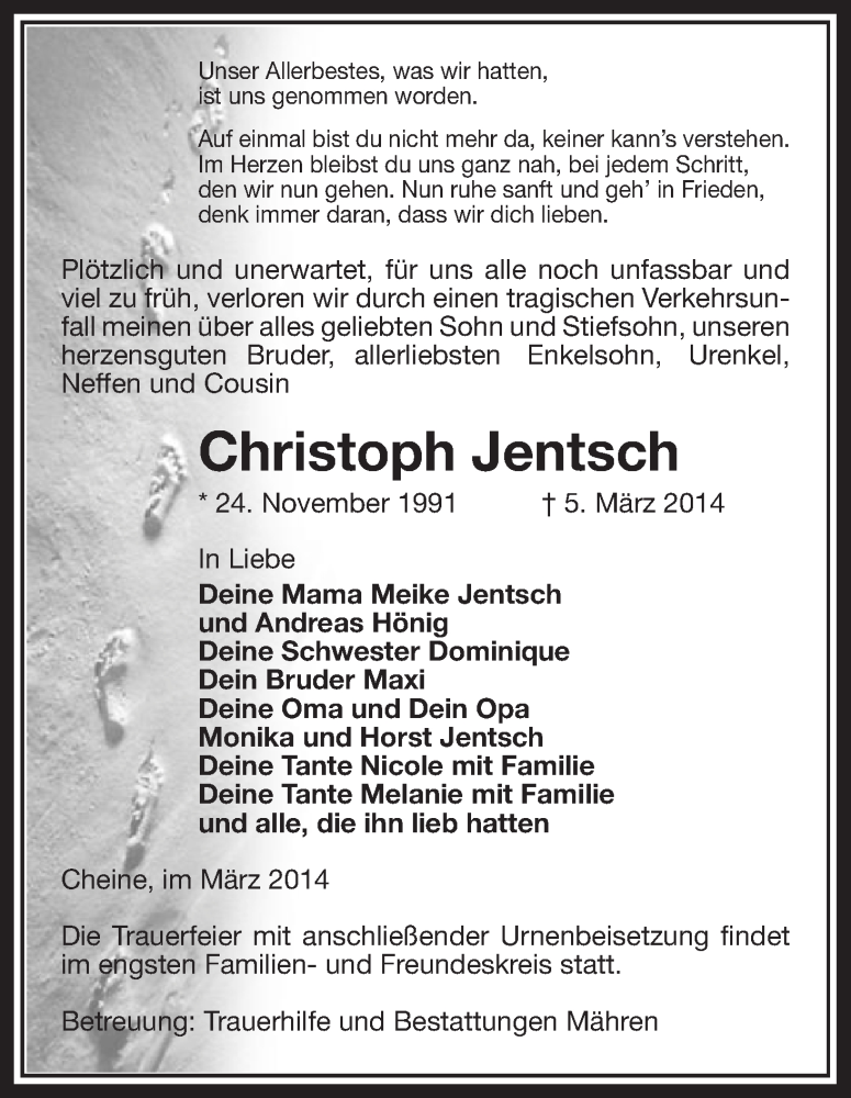  Traueranzeige für Christoph Jentsch vom 07.03.2014 aus Uelzen