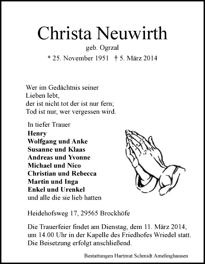  Traueranzeige für Christa Neuwirth vom 08.03.2014 aus Uelzen