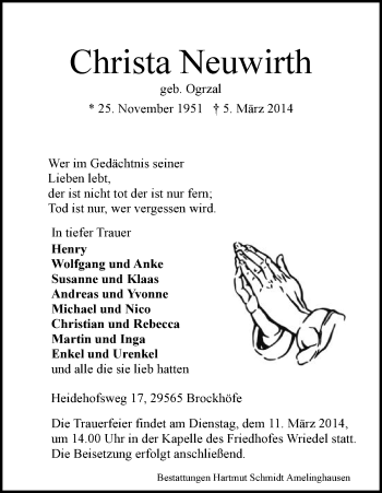 Traueranzeige von Christa Neuwirth von Uelzen