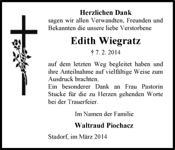 Traueranzeige von Edith Wiegratz von Uelzen