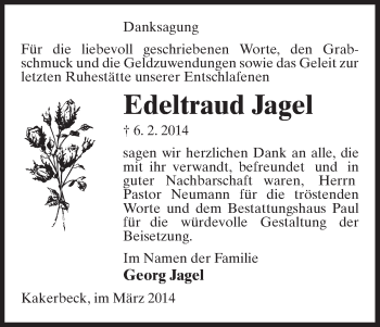 Traueranzeige von Edeltraud Jagel von Uelzen
