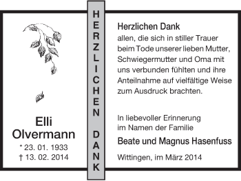 Traueranzeige von Elli Olvermann von Uelzen