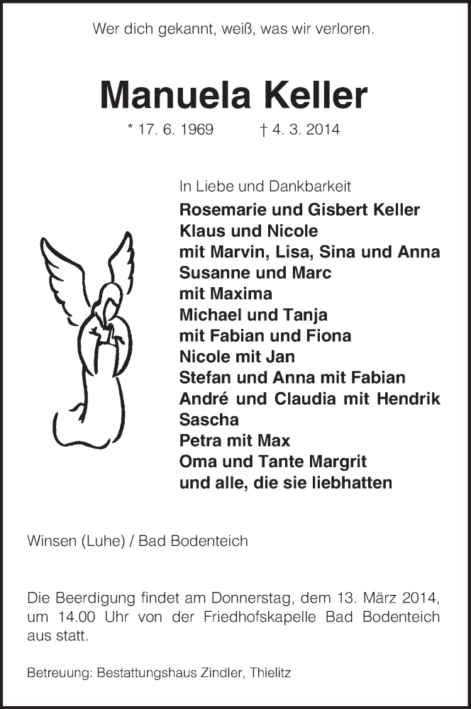  Traueranzeige für Manuela Keller vom 08.03.2014 aus Uelzen