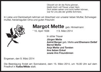 Traueranzeige von Margot Mette von Uelzen