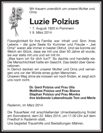 Traueranzeige von Luzie Polzius von Uelzen