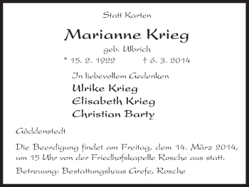 Traueranzeige von Marianne Krieg von Uelzen