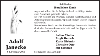 Traueranzeige von Adolf Janecke von Uelzen