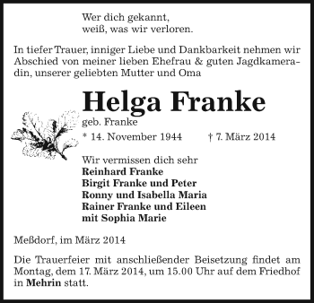 Traueranzeige von Helga Franke von Uelzen