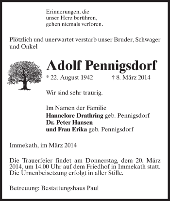 Traueranzeige von Adolf Pennigsdorf von Uelzen