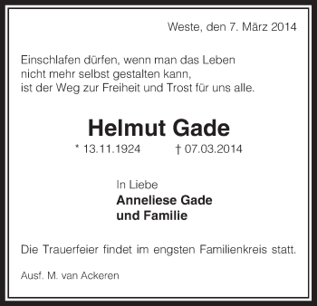 Traueranzeige von Helmut Gade von Uelzen
