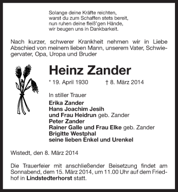 Traueranzeige von Heinz Zander von Uelzen