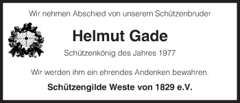 Traueranzeige von Helmut Gade von Uelzen