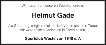 Traueranzeige von Helmut Gade von Uelzen