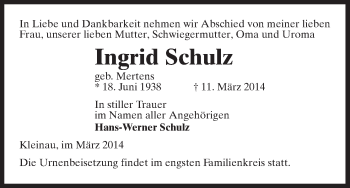 Traueranzeige von Ingrid Schulz von Uelzen