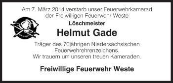 Traueranzeige von Helmut Gade von Uelzen