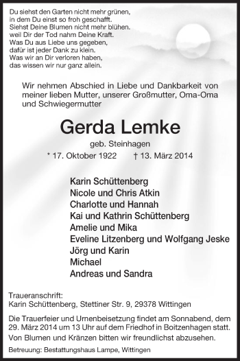 Traueranzeige von Gerda Lemke von Uelzen