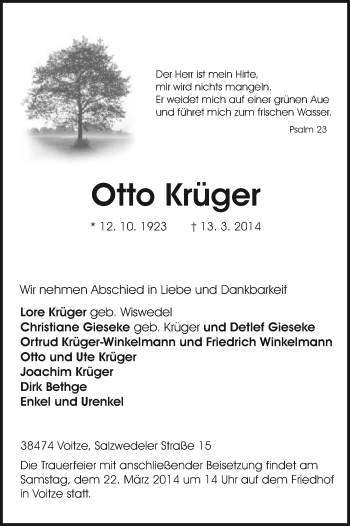 Traueranzeige von Otto Krüger von Uelzen