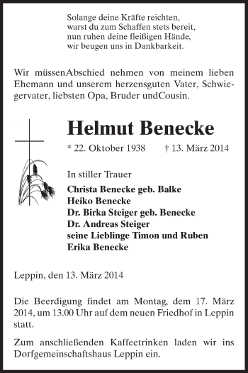 Traueranzeige von Helmut Benecke von Uelzen