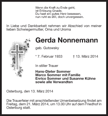 Traueranzeige von Gerda Nonnemann von Uelzen