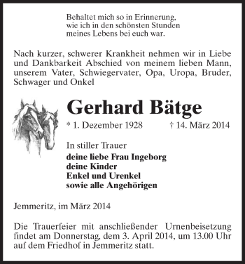 Traueranzeige von Gerhard Bätge von Uelzen