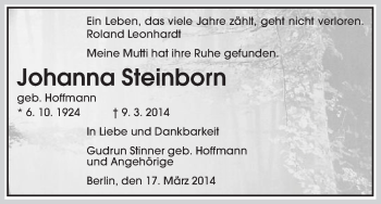 Traueranzeige von Johanna Steinborn von Uelzen